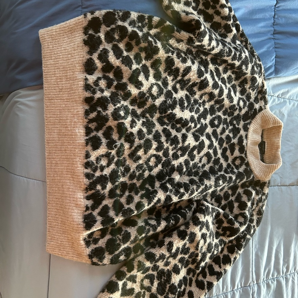 LOFT Black and Tan Cowl Neck Sweater with Animal Print